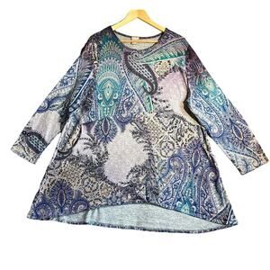 Chico's Paisley Print Knit Tunic Sweater 2X Blue Purple Artsy Boho Pockets Sz 4